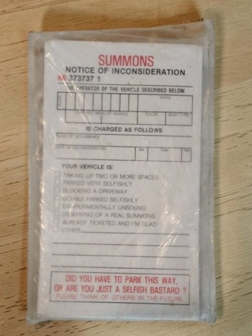 New in Bag Unique Summons Notice Parking Prank Ticket Pad